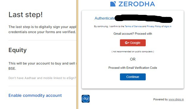 Esign UP email authentication Zerodha Account
