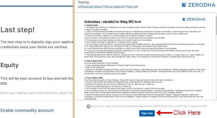 Esign Up Zerodha Last form account opening