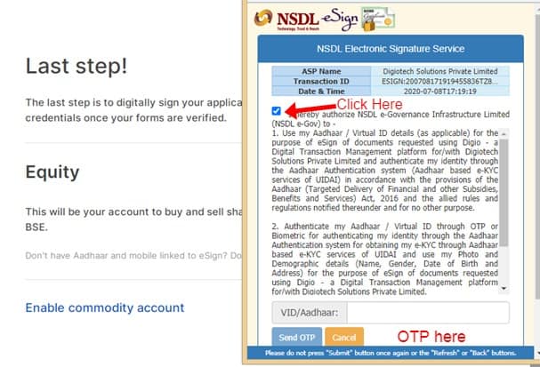 E-signup OTP Submission for zerodha Account
