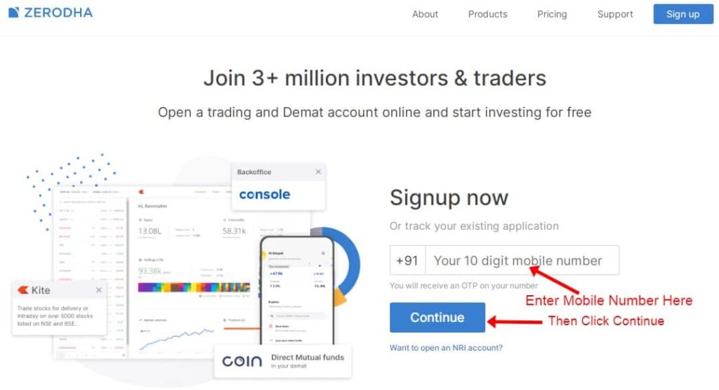 Zerodha Demat Online Account Opening step 1 signup now