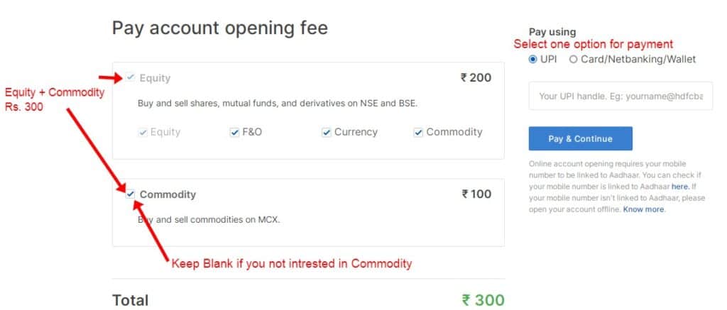 Make a payment for Zerodha Account open