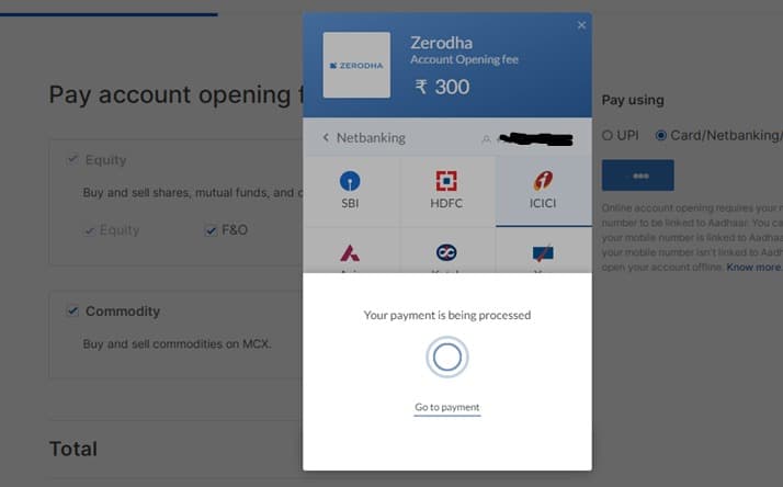 Zerodha Account Payment for opening