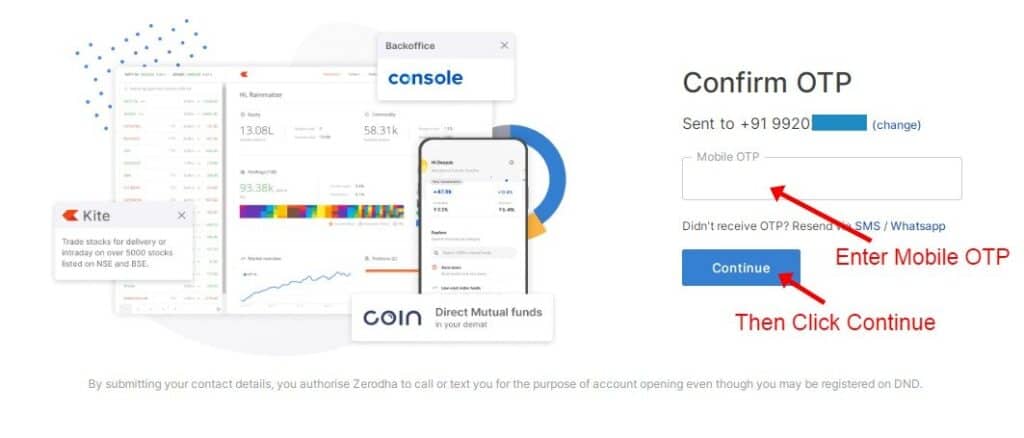 Zerodha Demat Account Opening Step 2 Enter Mobile OTP